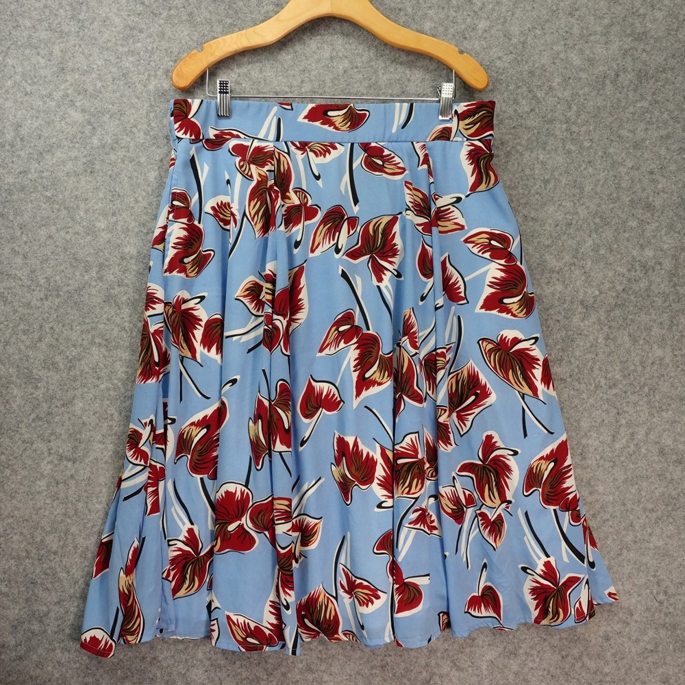Italian Eclectic Pleated Skirt Womens 1X Blue Botanical Artsy Midi Plus eSHAKTI